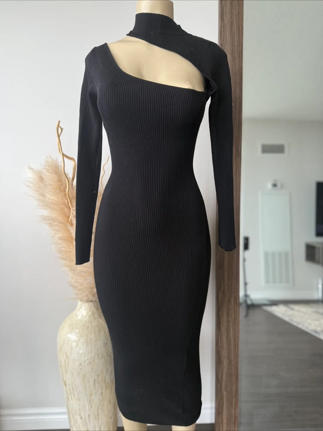 Black Cut-Out Ribbed Knit Midi Dress