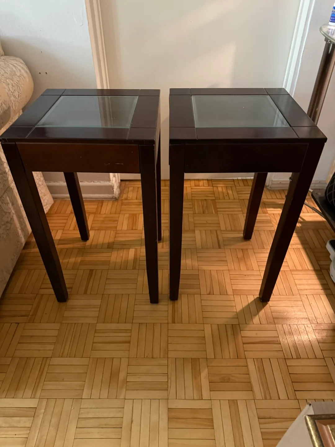 Pair of Dark Brown End Tables with Glass Tops thumbnail