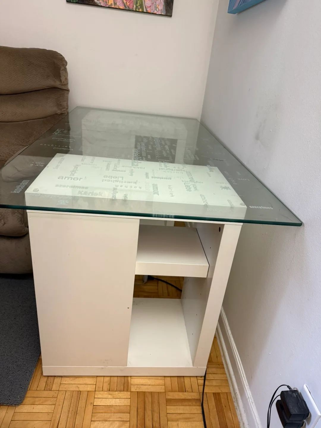 IKEA Glass-Top Desk with White Frame and Shelf thumbnail