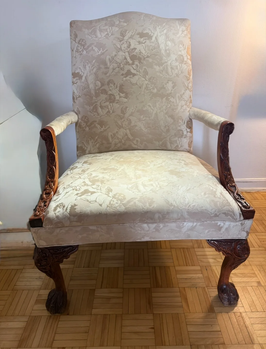 Elegant Carved Armchair with Floral Upholstery thumbnail