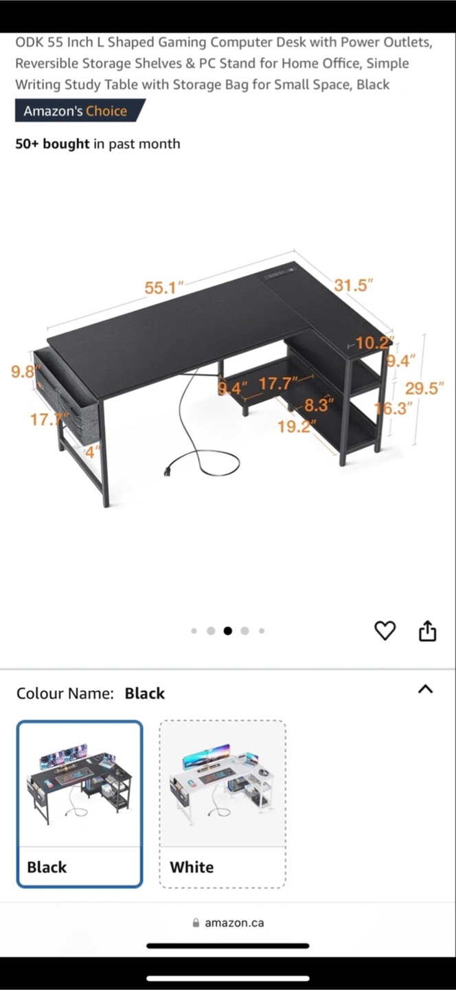 ODK 55 Inch L Shaped Gaming Desk table- Black - photo 3