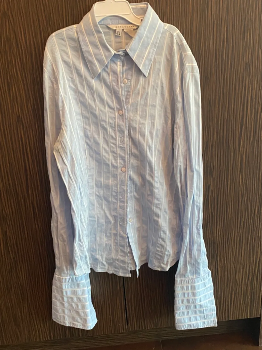 Zara Woman Blue Striped Button-Down Shirt thumbnail