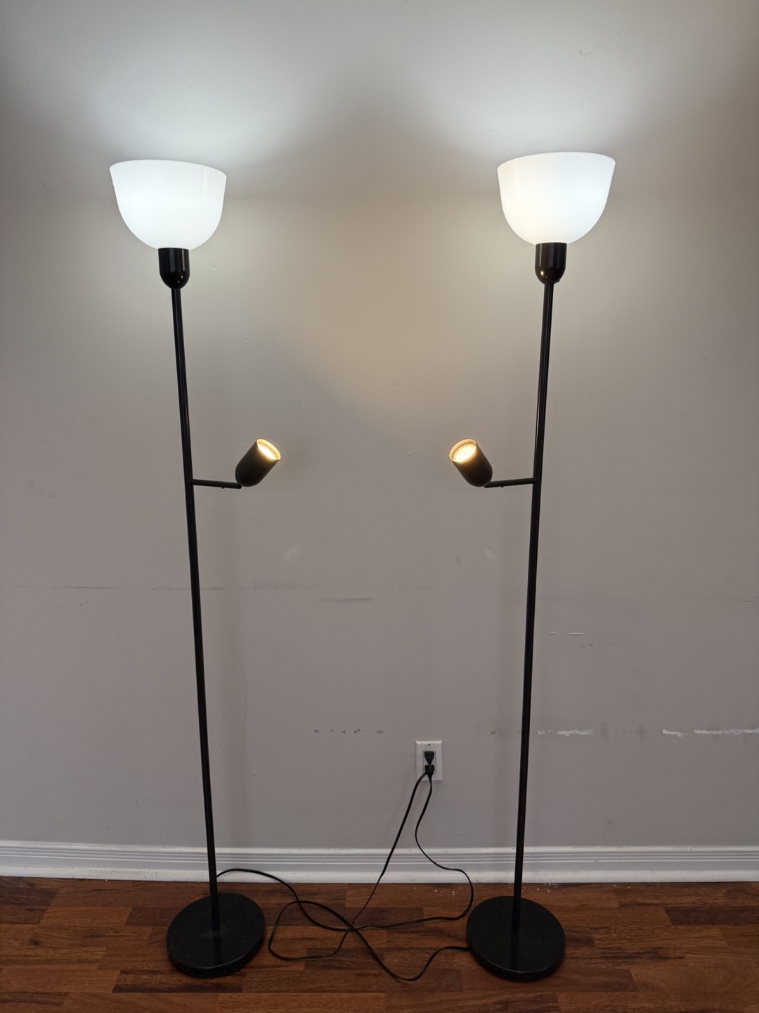 IKEA Pair of Black Arc Floor Lamps with White Shades