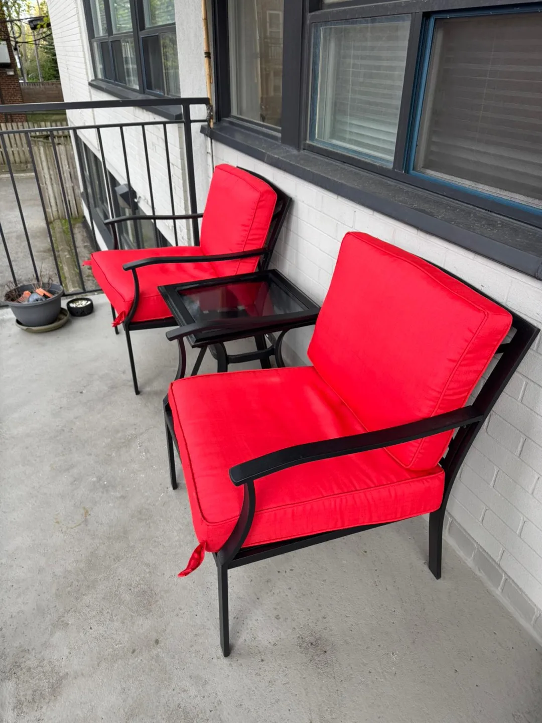 Pair of Red Patio Chairs with Small Table thumbnail