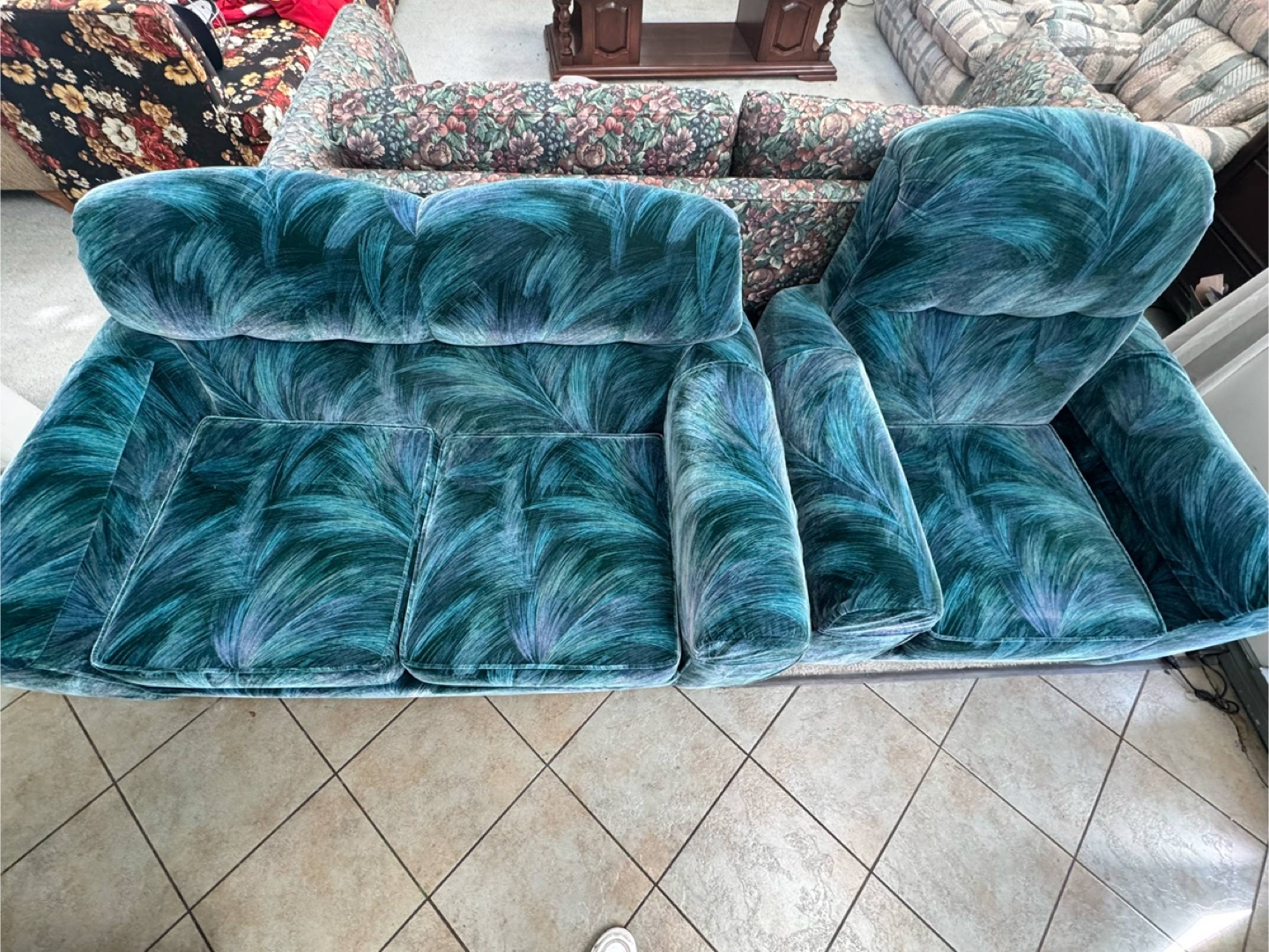 Vintage Teal Velvet Sofa and Loveseat Set - photo 2