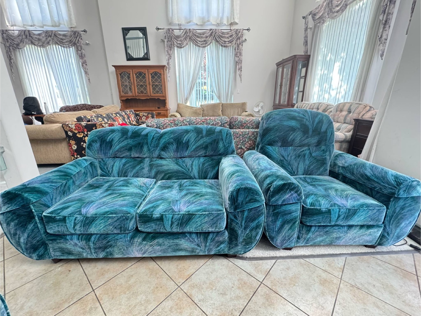 Vintage Teal Velvet Sofa and Loveseat Set