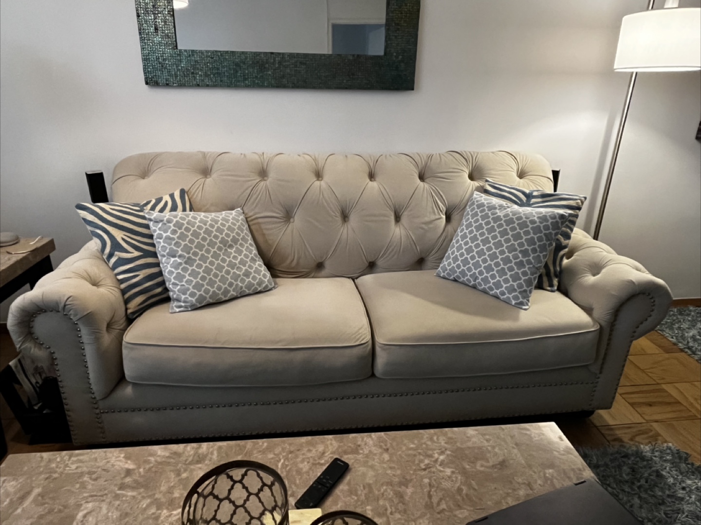 Beige silver head Button Tufted Sofa