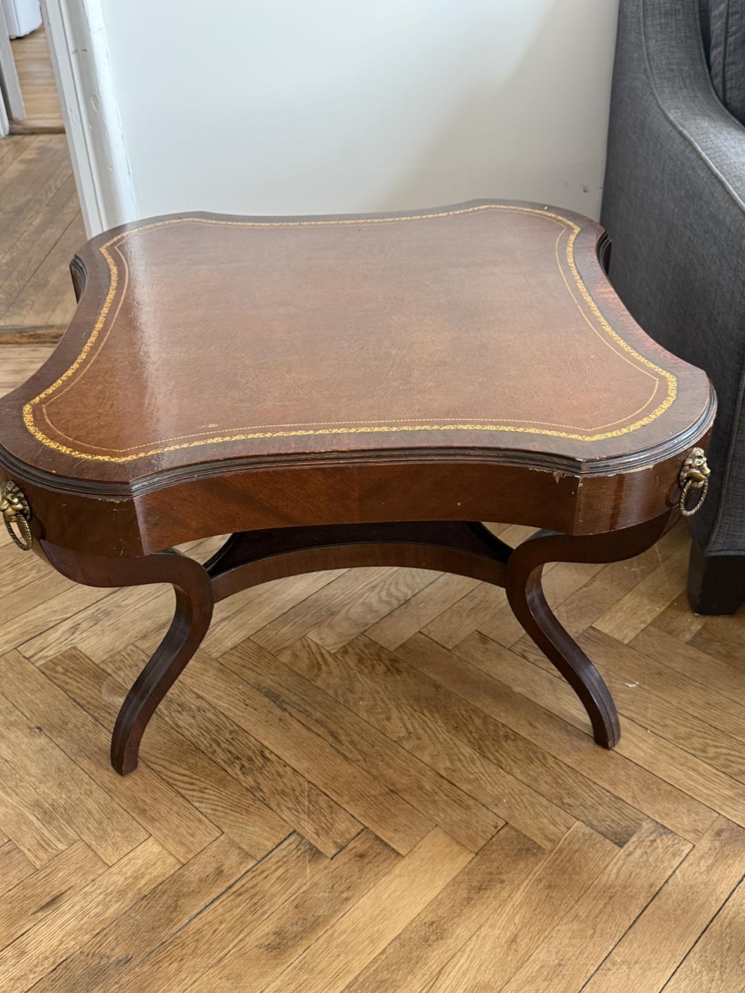 Vintage Square Wooden Side Table with Leather Top