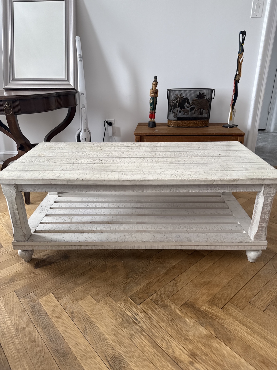 Whitewashed Farmhouse Coffee Table with Shelf