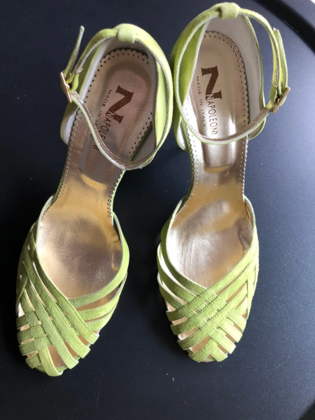 Napoleoni 🇮🇹 Green Suede Ankle Strap Heels Sz 39 image indicator(9)