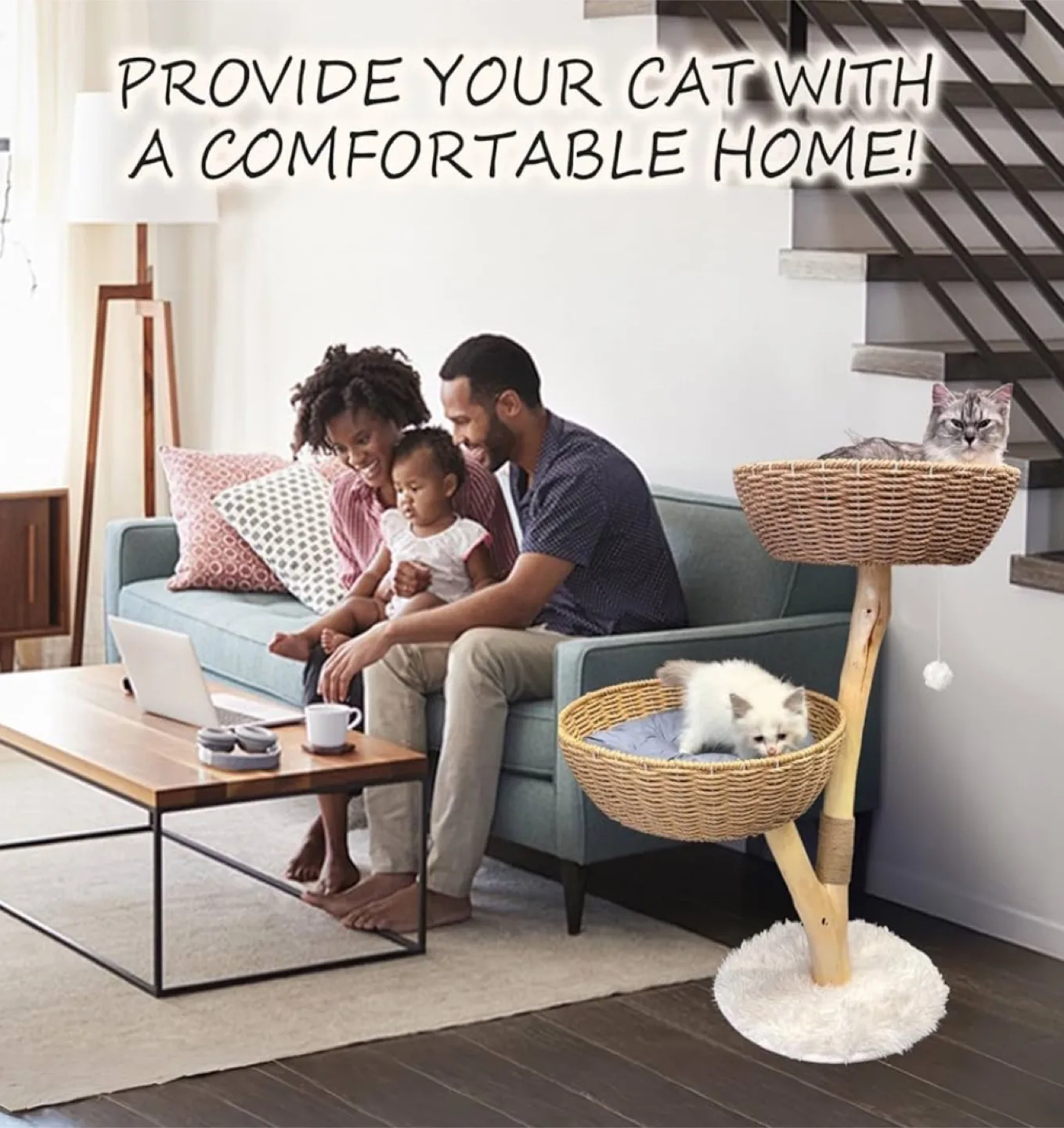 Two-tier Cat Tree Tower with Wicker Baskets thumbnail