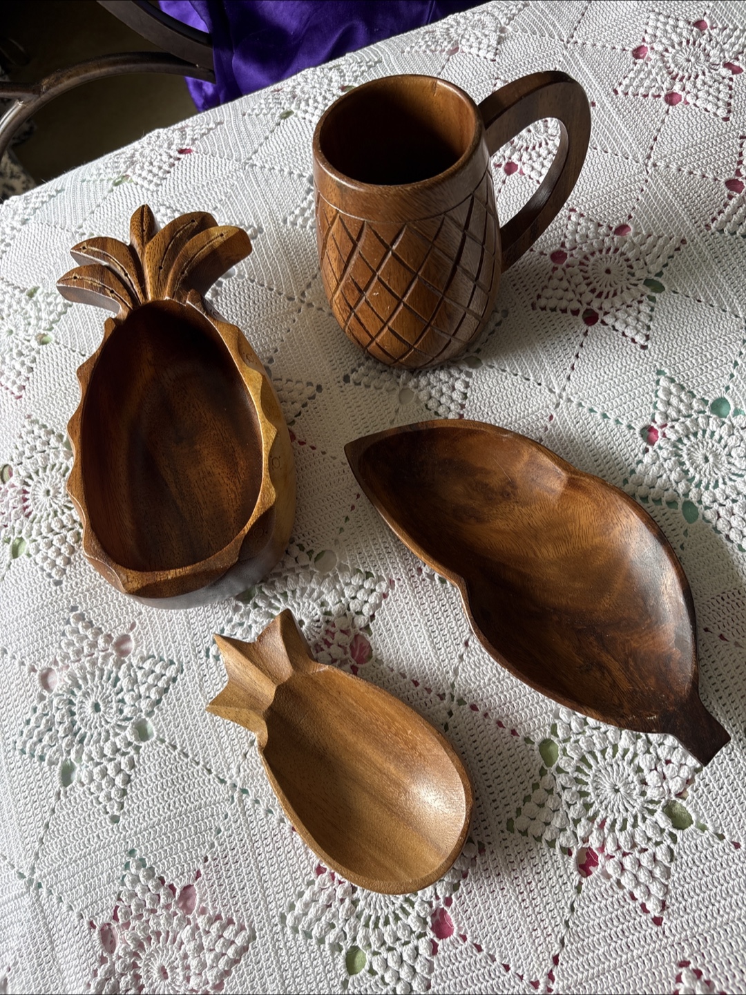 Hand Carved Wooden Pineapple Theme Set - Mug, Bowls & Dish
