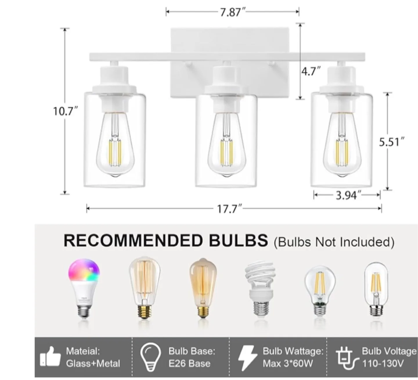 3-Light White Bathroom Vanity Light Fixture image indicator(3)