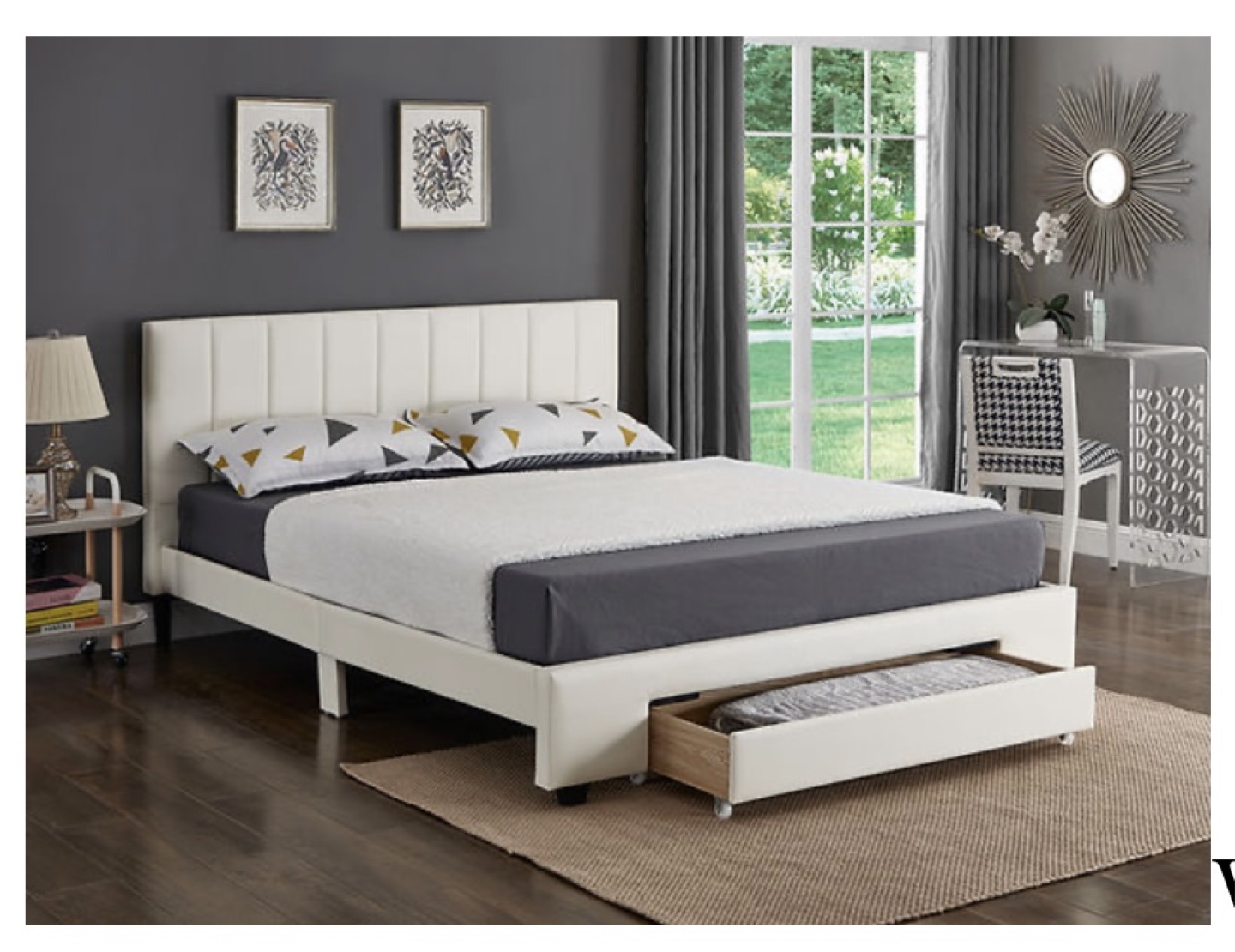 White Queen Upholstered Platform Bed frame on sale