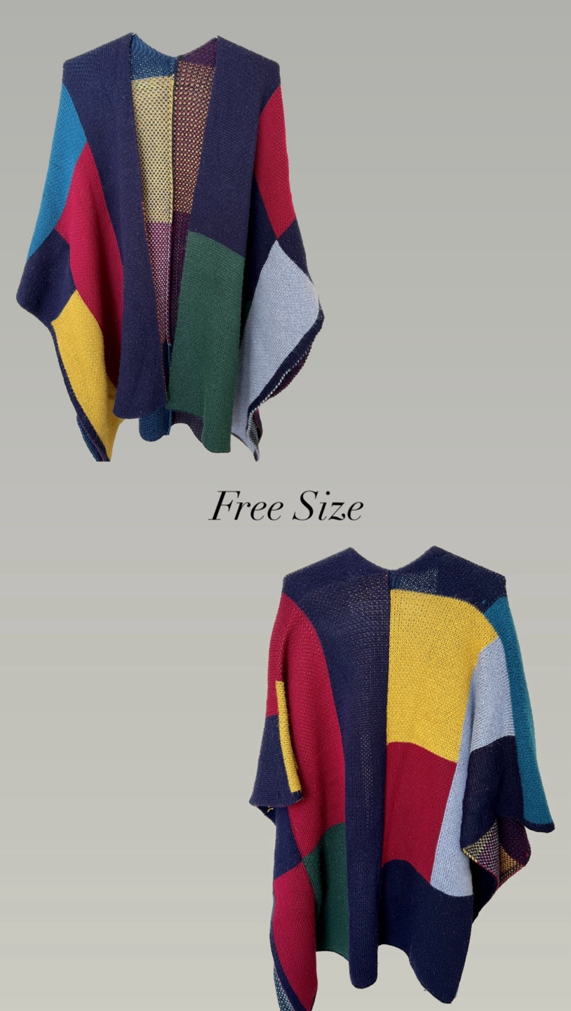 Colourful Knitted Patchwork Poncho - Free Size