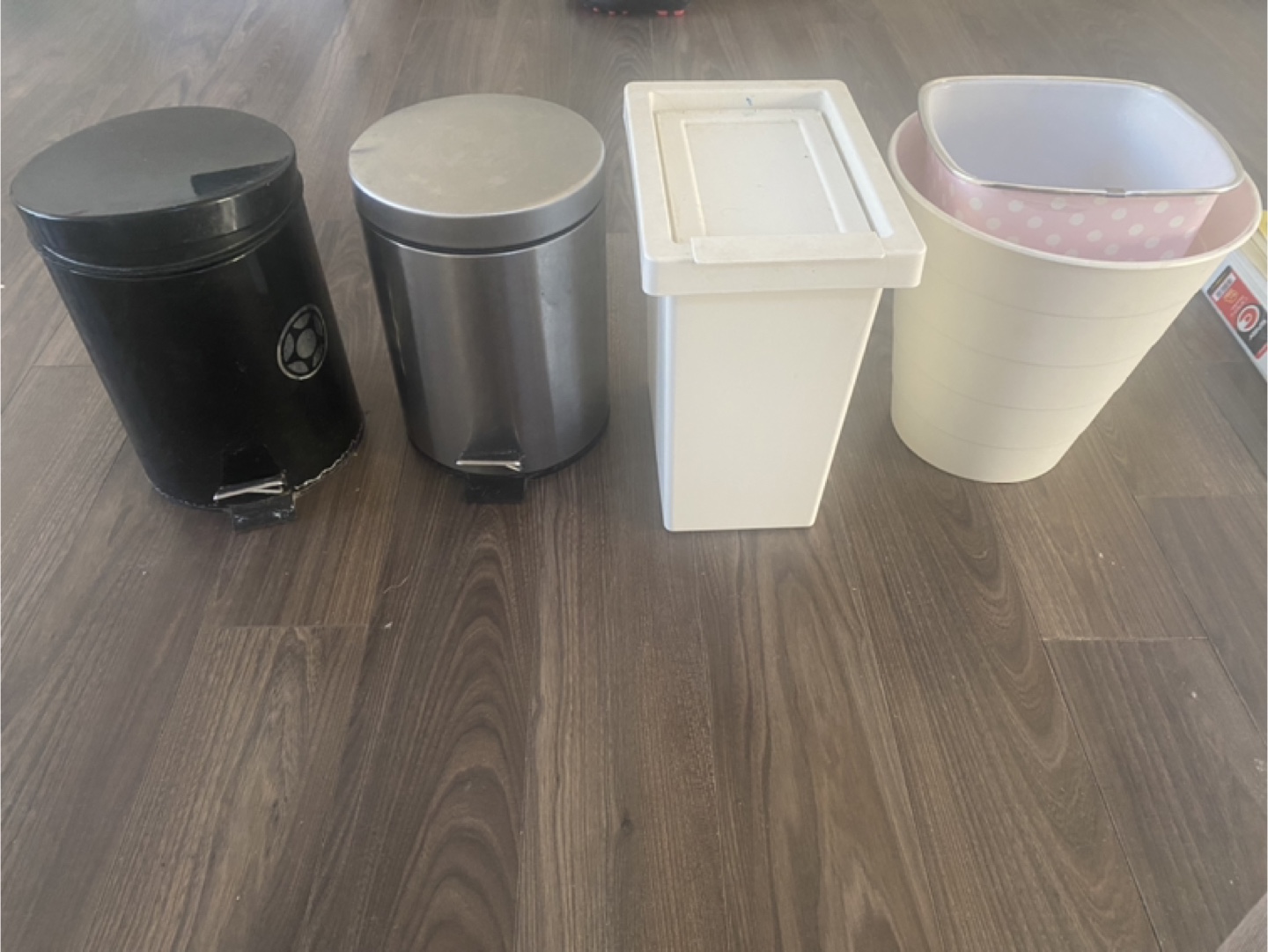 Five assorted bins/wastebaskets