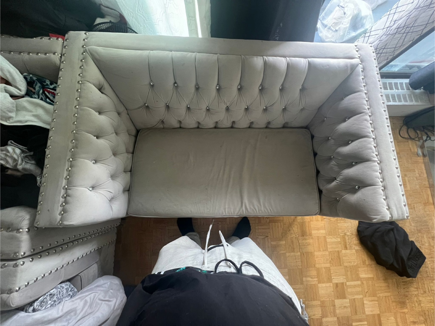 Grey Velvet Love Seat and Arm Chair with Nailhead Trim - photo 4
