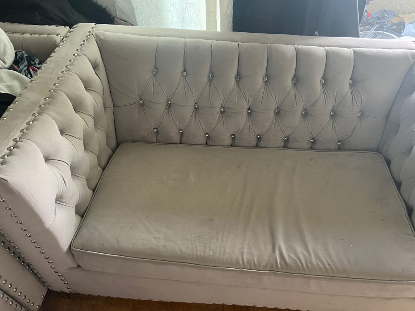 Grey Velvet Love Seat and Arm Chair with Nailhead Trim - photo 2