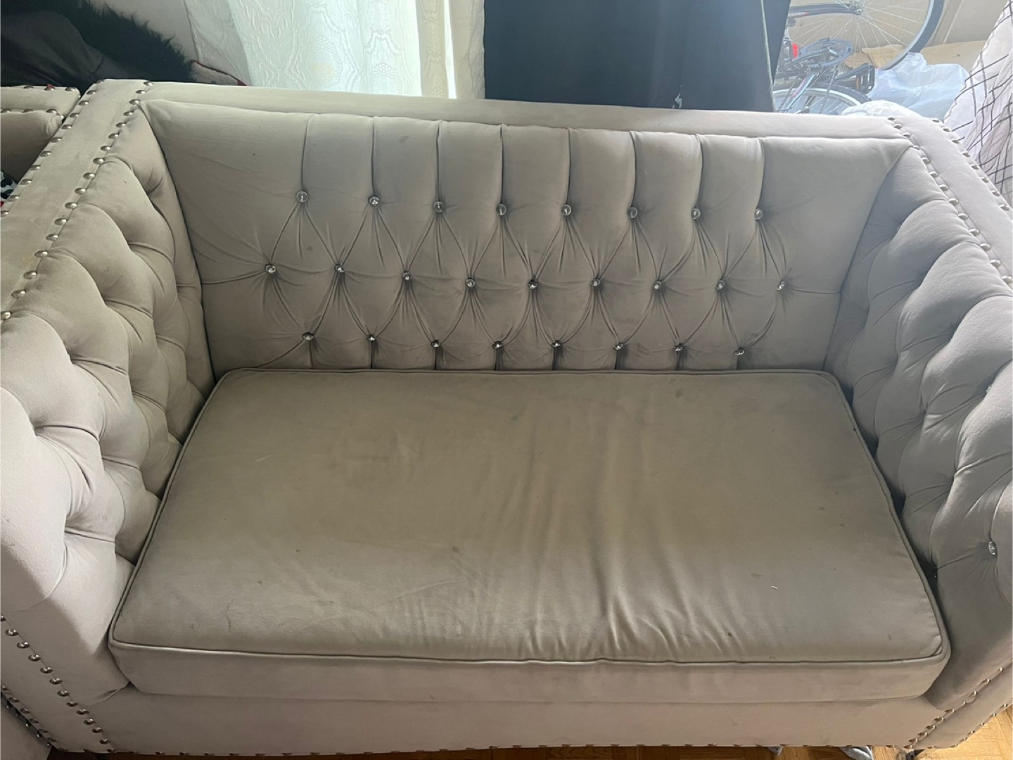 Grey Velvet Love Seat and Arm Chair with Nailhead Trim