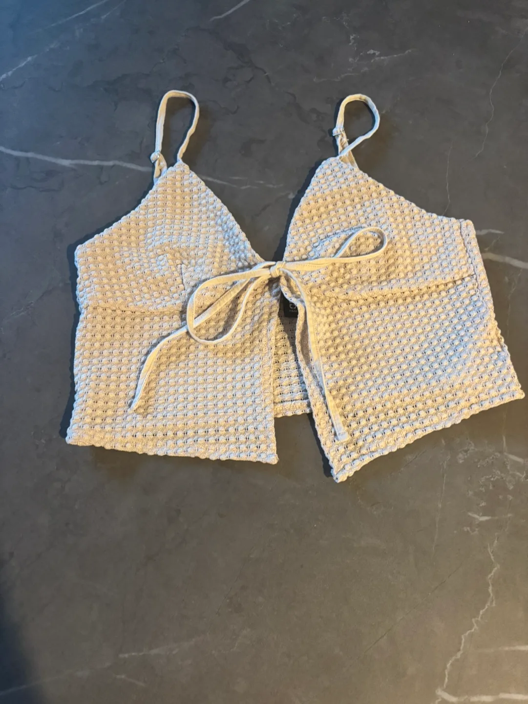Beige Waffle Knit Tie-Front Crop Top - Size Small thumbnail
