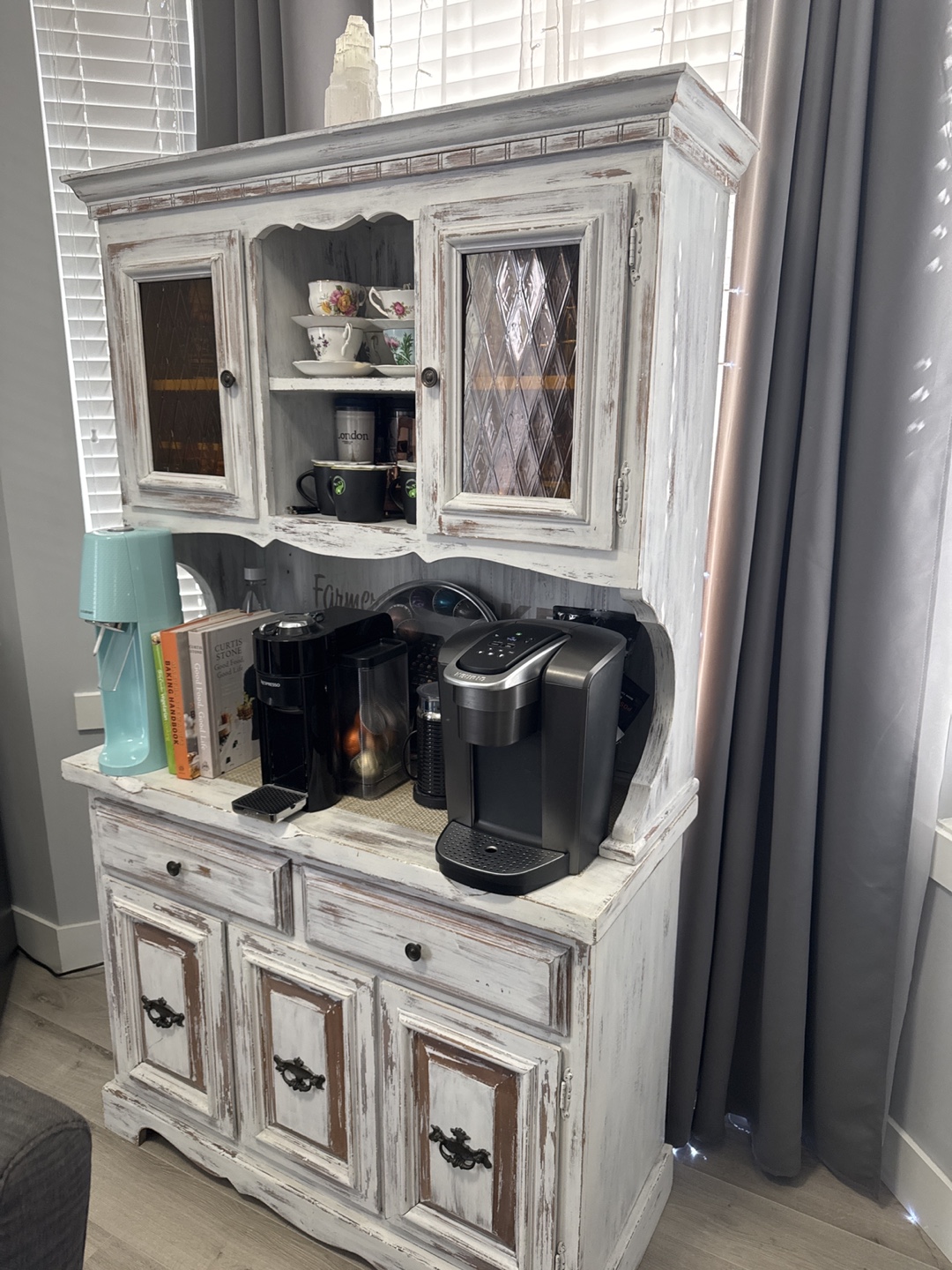 Rustic White Distressed Hutch with Coffee Bar