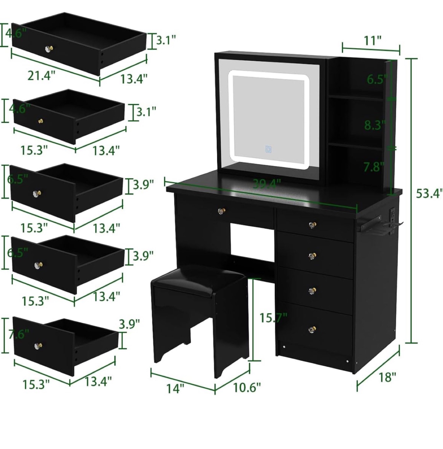 Black Vanity Set with LED Mirror & Stool - photo 2