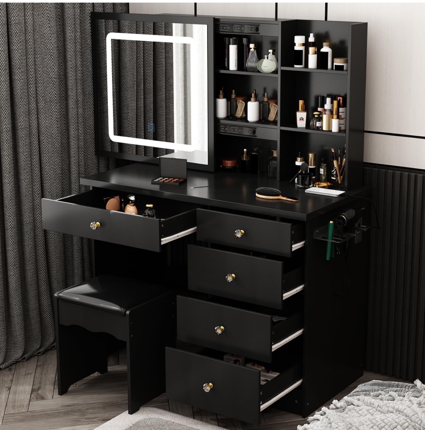 Black Vanity Set with LED Mirror & Stool