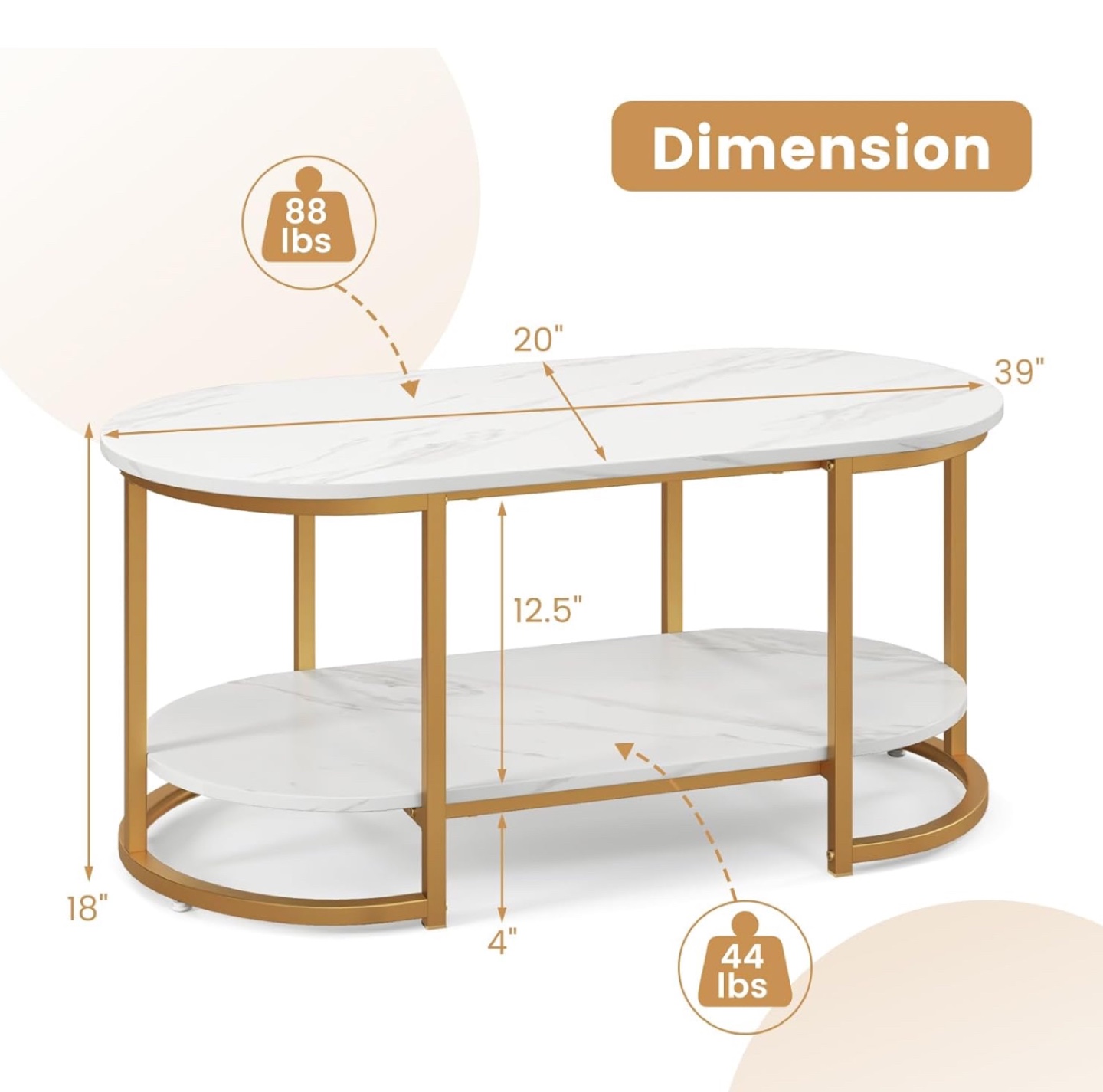 Gold Metal Frame Oval Coffee Table with Marble Top