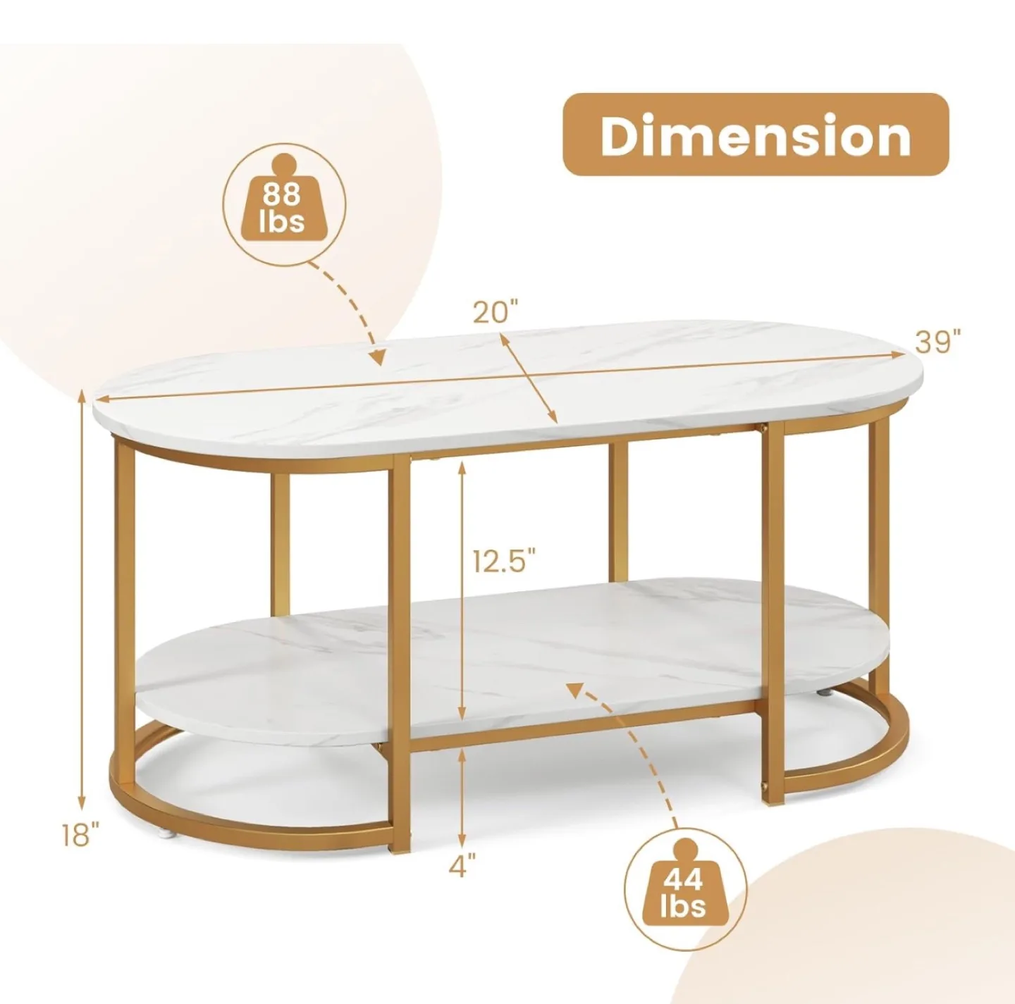 Gold Metal Frame Oval Coffee Table with Marble Top thumbnail