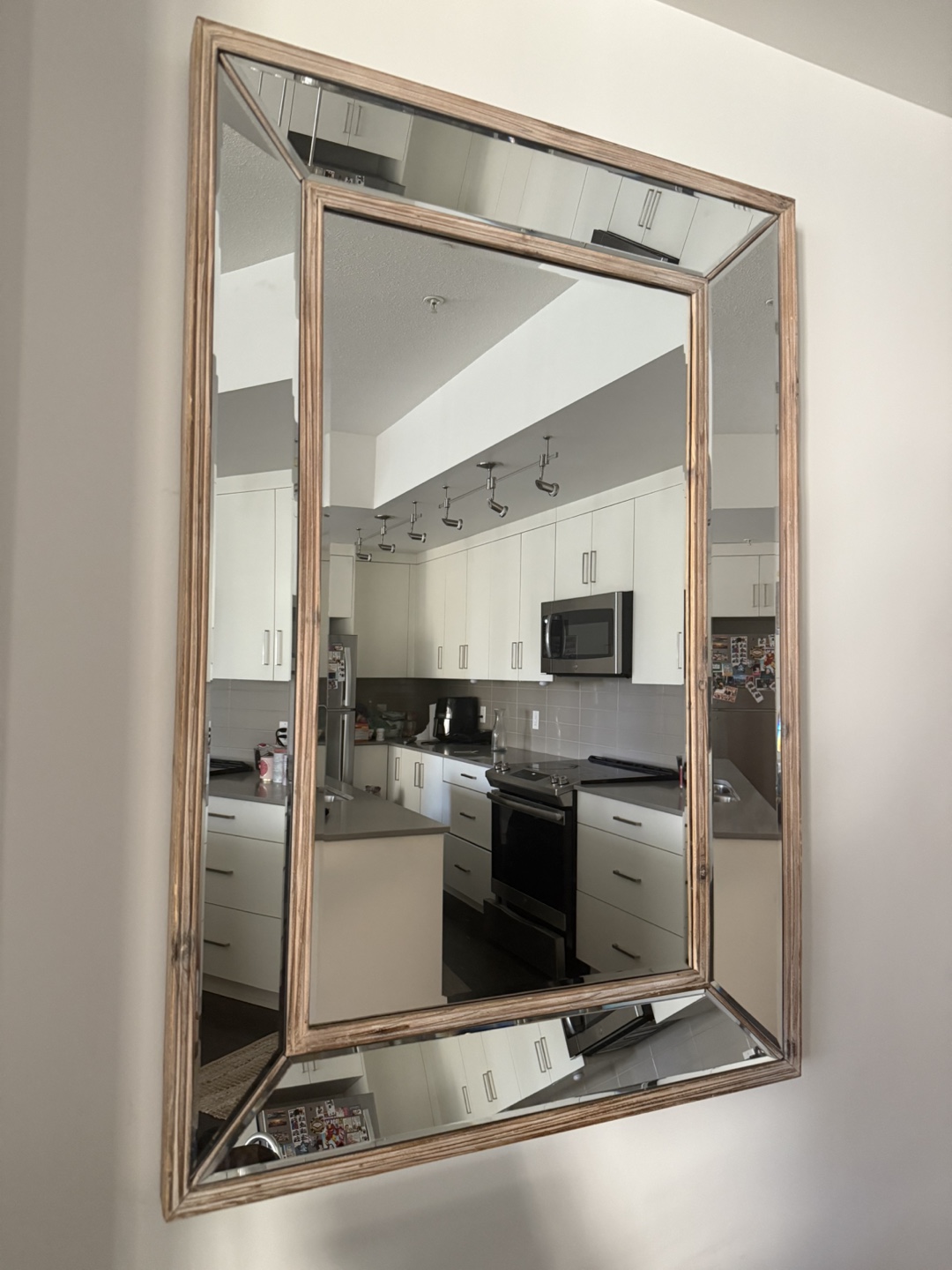 Large Beveled Mirror with Light Wood Frame