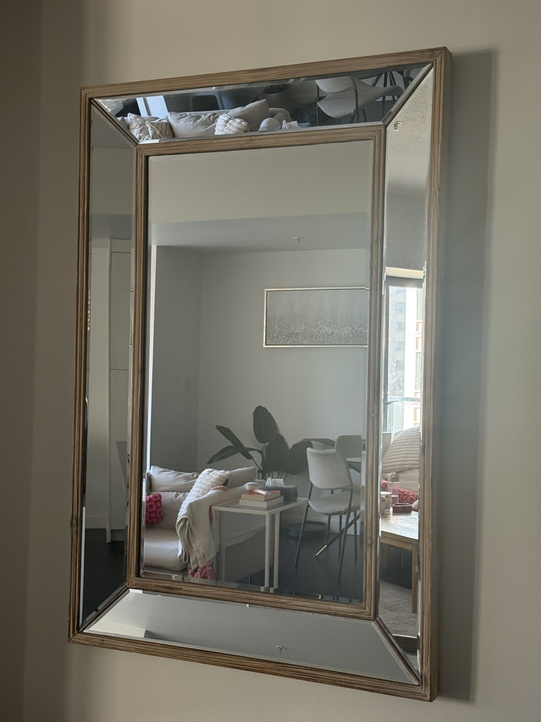 Large Beveled Mirror with Light Wood Frame - photo 2