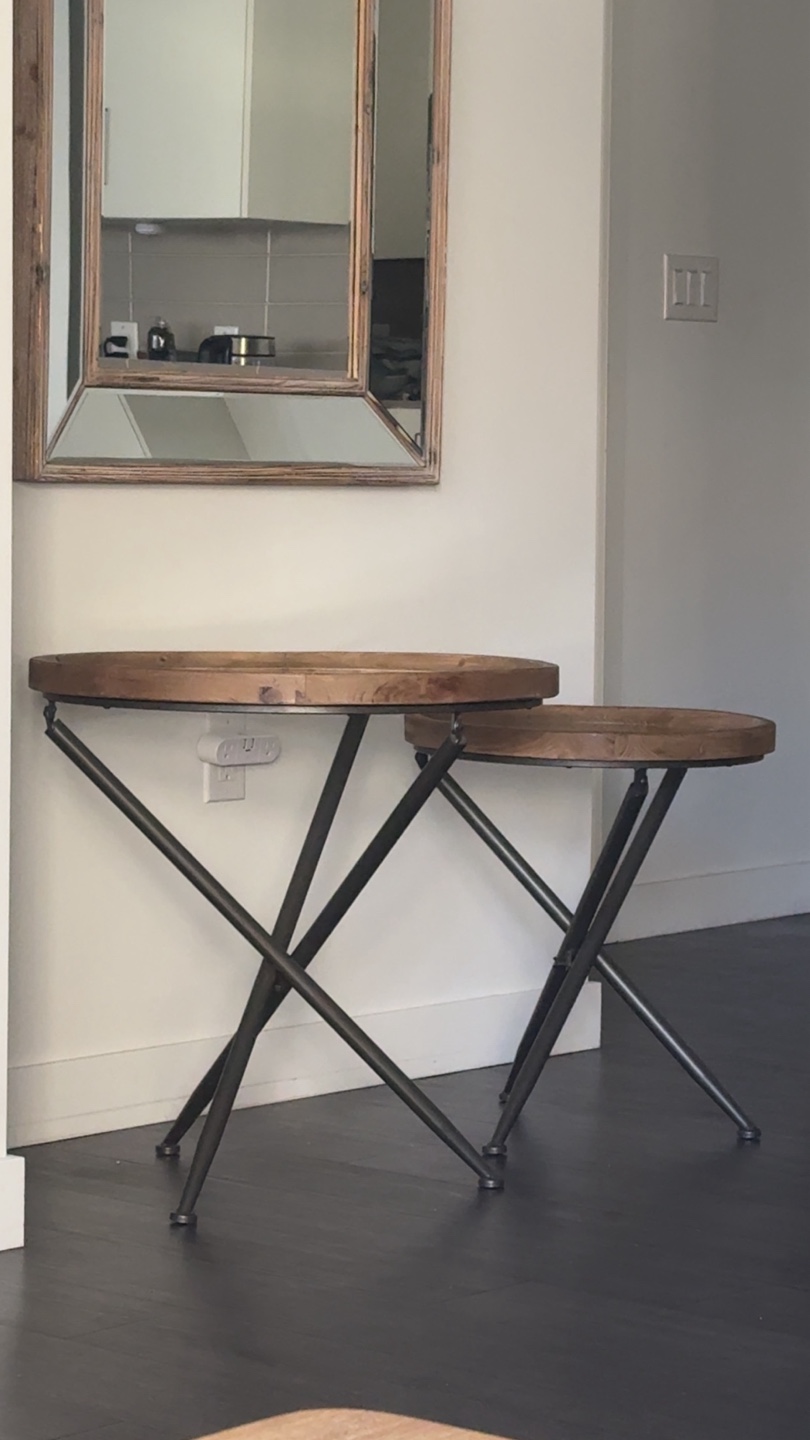 Set of Two Round Glass Top Side Tables with Wooden Frame