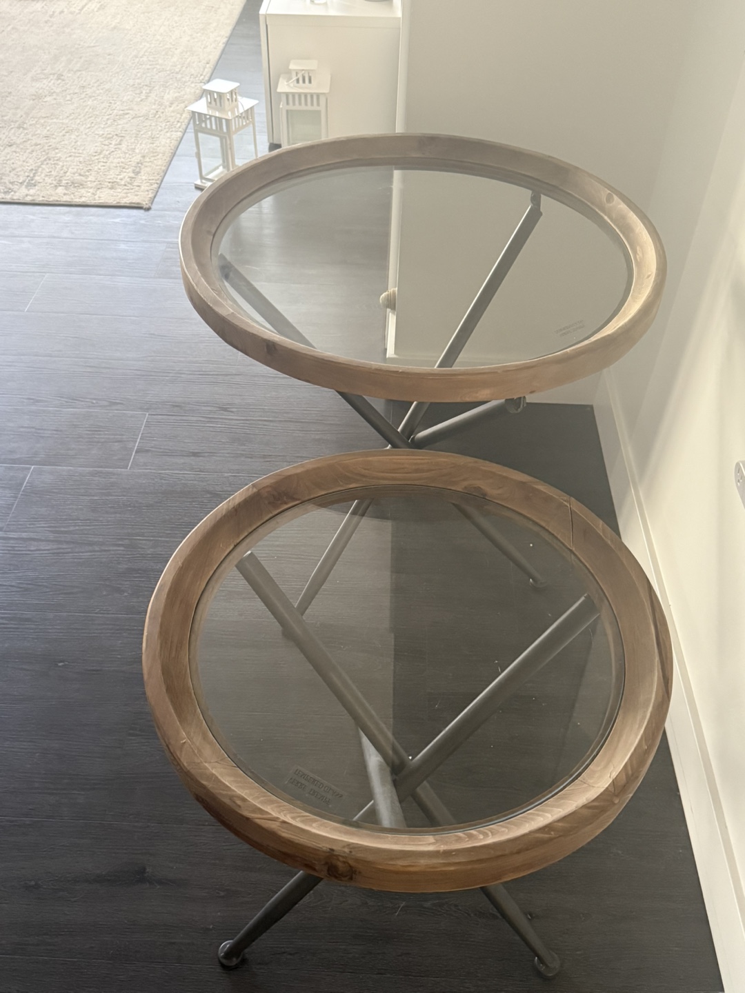 Set of Two Round Glass Top Side Tables with Wooden Frame - photo 2