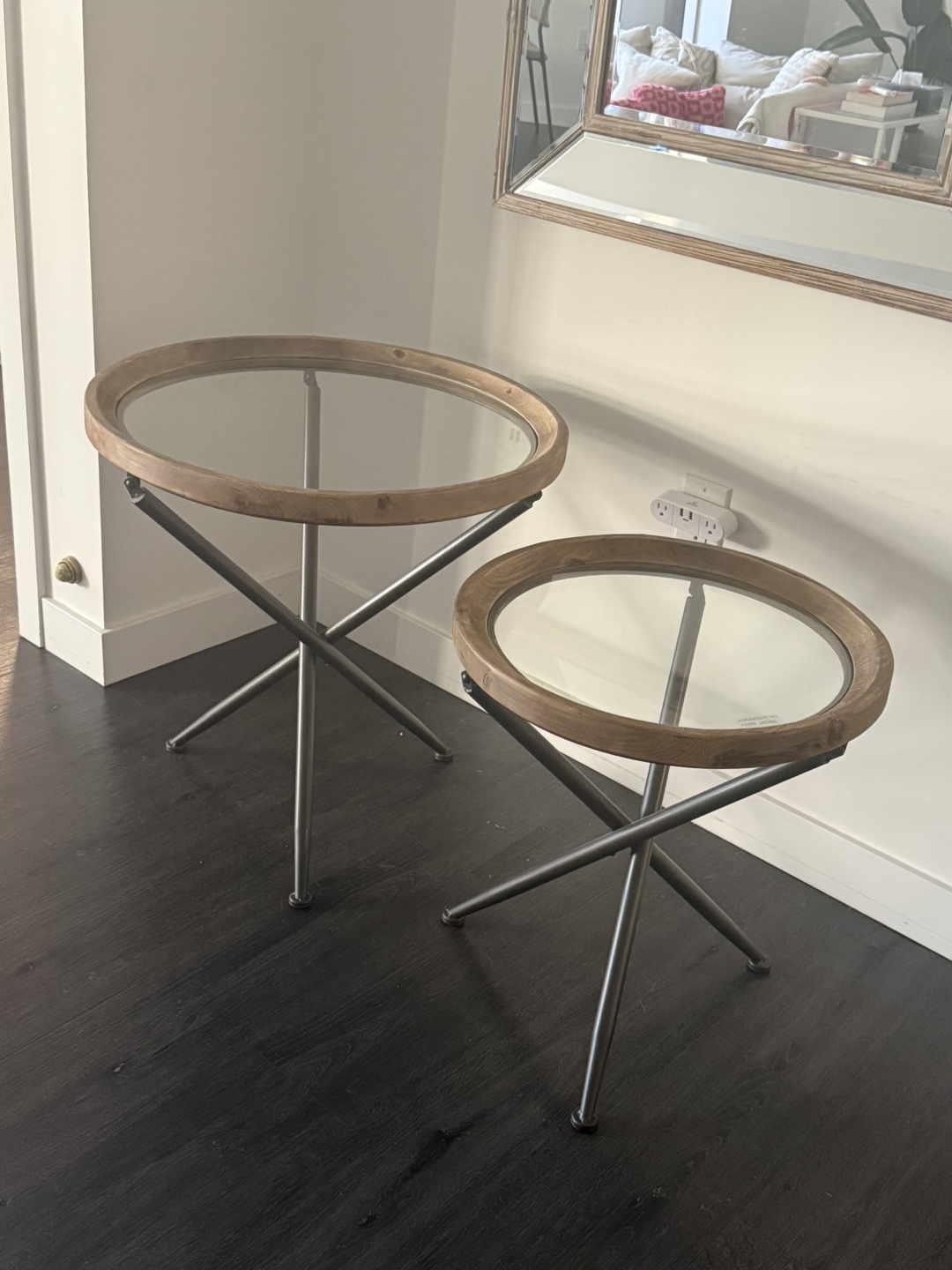 Set of Two Round Glass Top Side Tables with Wooden Frame - photo 3