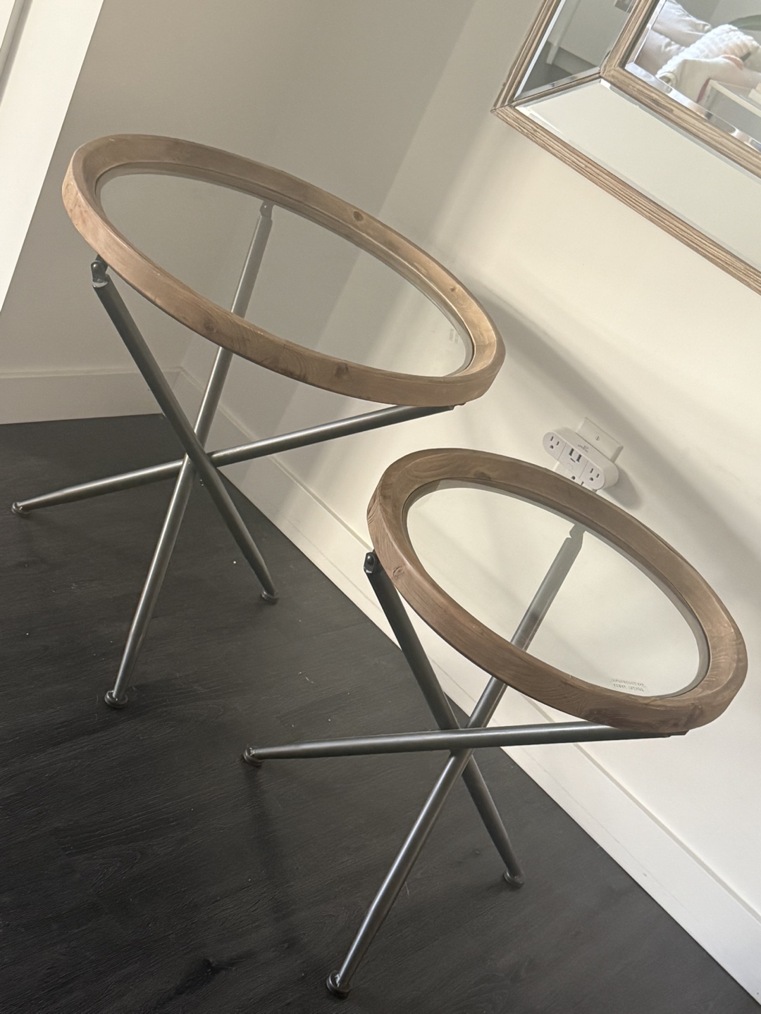 Set of Two Round Glass Top Side Tables with Wooden Frame - photo 4