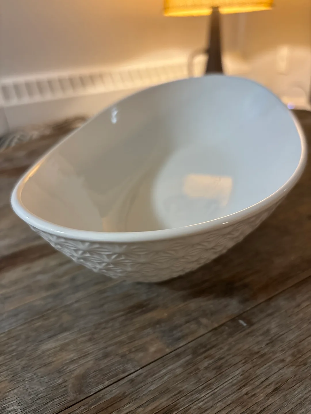 White Oval Serving Bowl with Embossed Design thumbnail