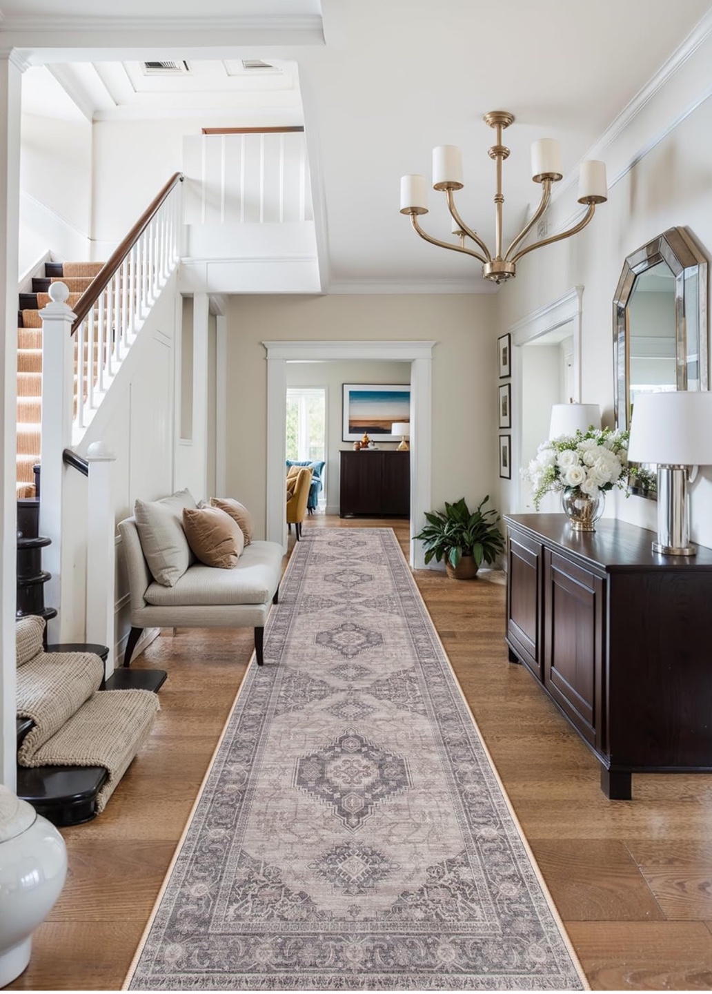Elegant Runner Rug - Grey and Beige Floral Design