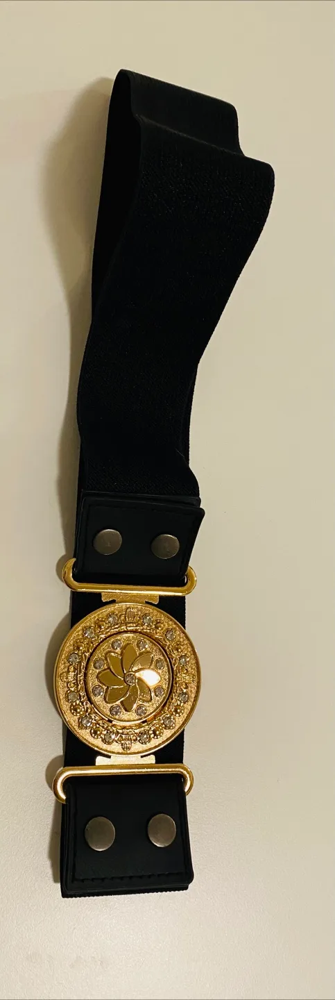 Elegant Black Stretch Belt with Gold Circular Ornament thumbnail