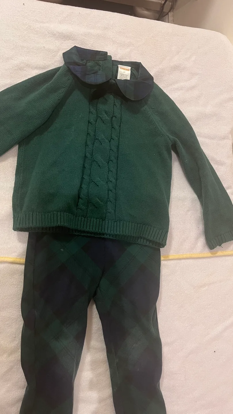 Gymboree Baby Boy's Green Cable Knit Sweater and Plaid Pants Set thumbnail