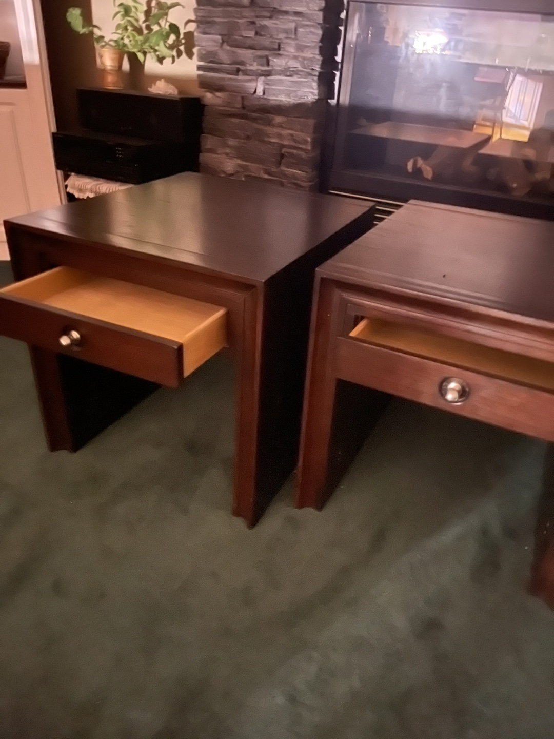Pair of Dark Brown Wooden End Tables with Drawers