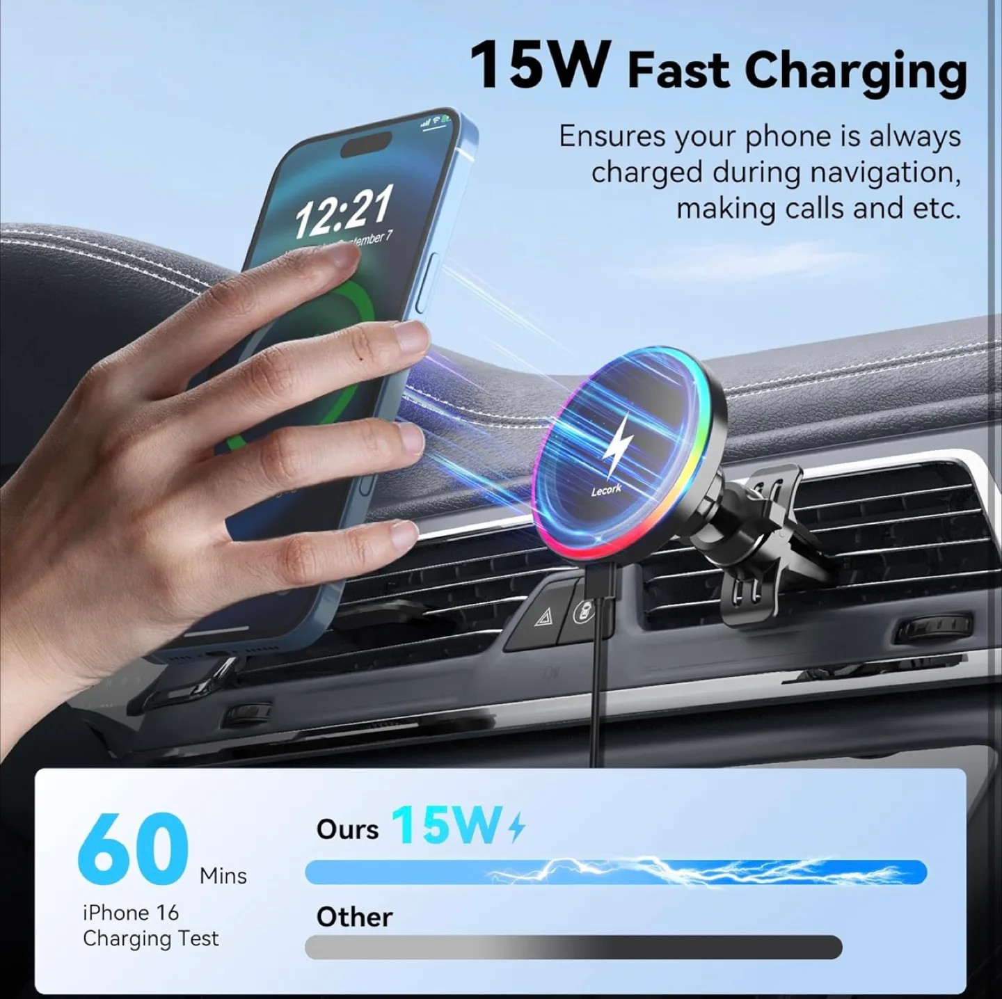 Lecork 15W Magnetic Wireless Car Charger with RGB Lighting image indicator(3)