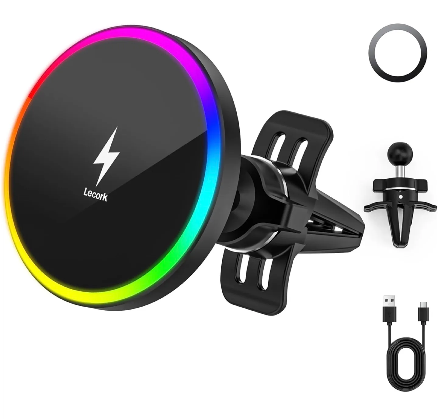 Lecork 15W Magnetic Wireless Car Charger with RGB Lighting image indicator(2)