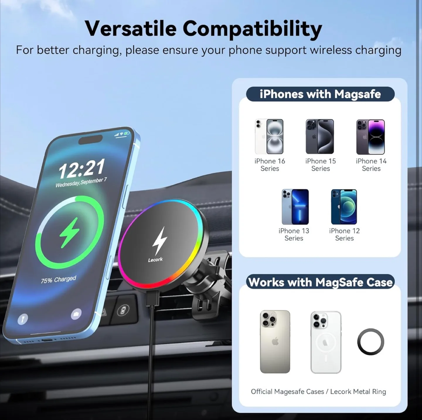 Lecork 15W Magnetic Wireless Car Charger with RGB Lighting image indicator(10)