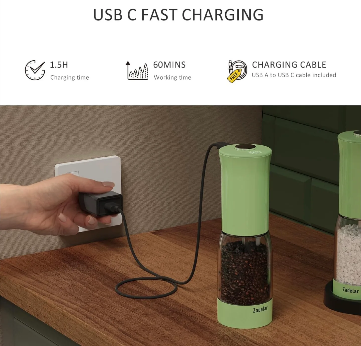 Zadeelar Electric Salt and Pepper Grinder Set - Rechargeable image indicator(5)