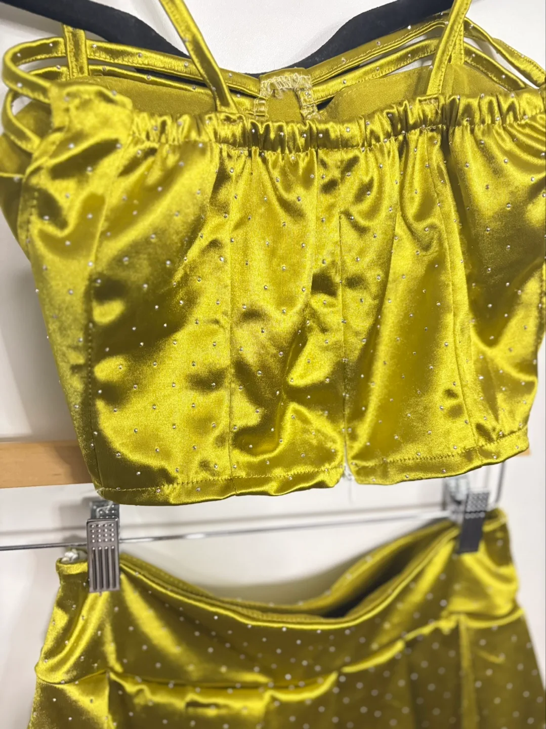 Rhinestone Olive Green Satin Crop Top and Skirt Set image indicator(4)