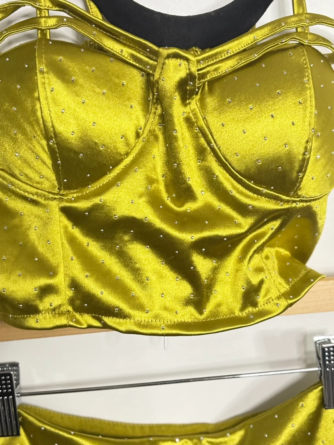 Rhinestone Olive Green Satin Crop Top and Skirt Set image indicator(2)