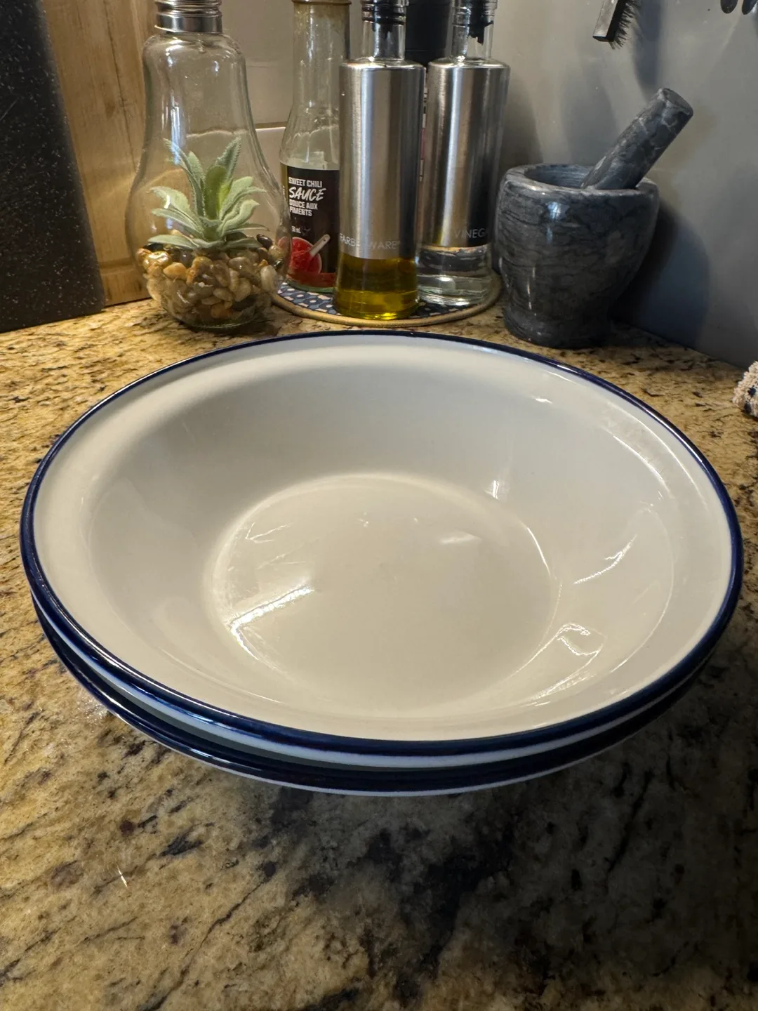 Set of Two White Cereal Bowls with Blue Rim thumbnail