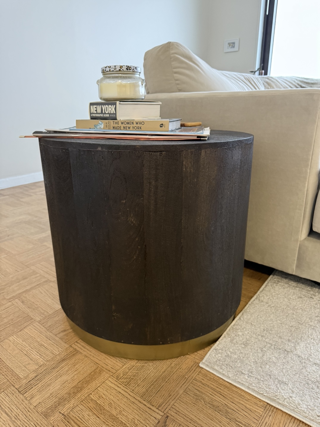 Dark Wood Barrel End Table with Gold Base - photo 2