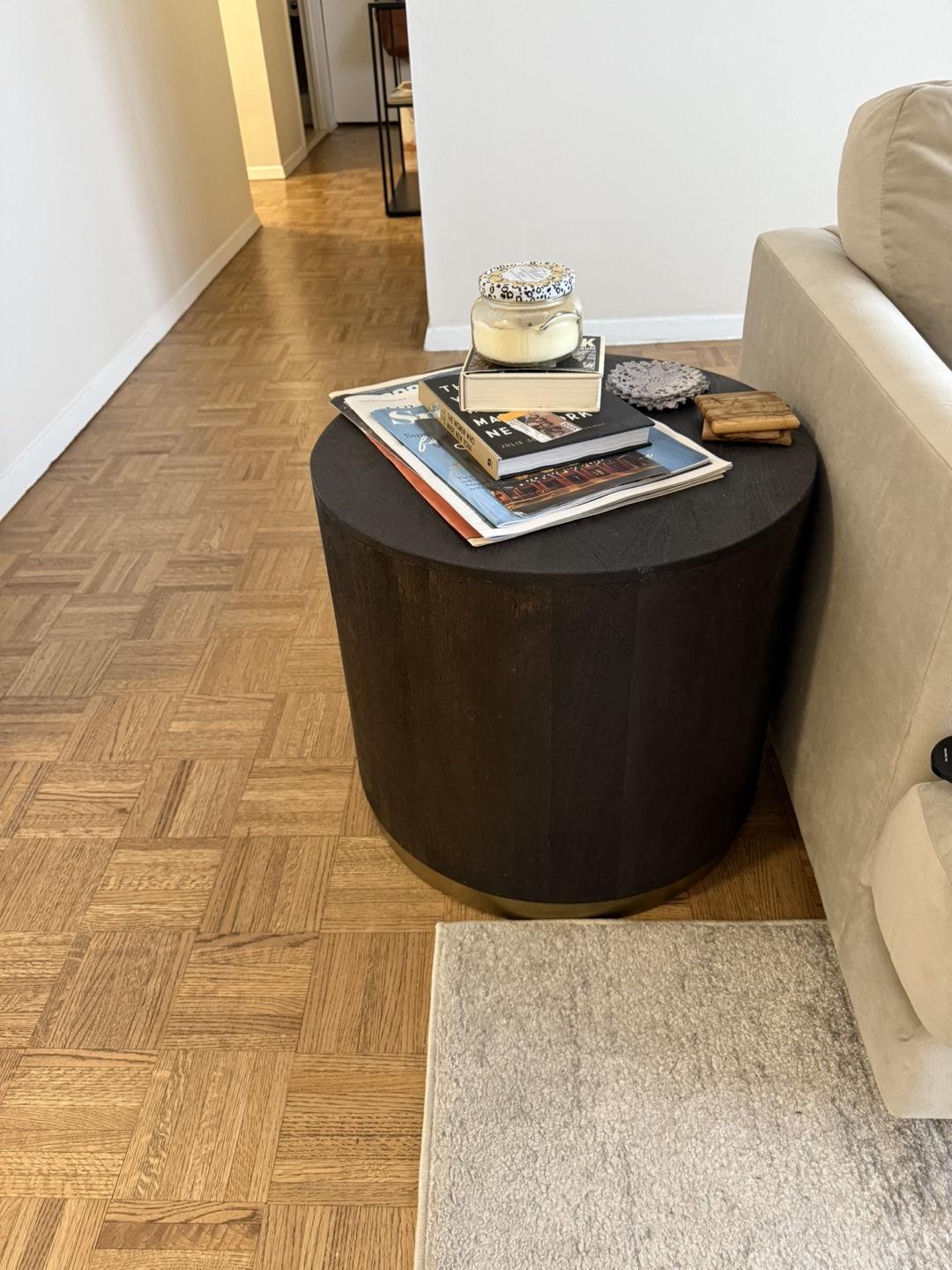 Dark Wood Barrel End Table with Gold Base
