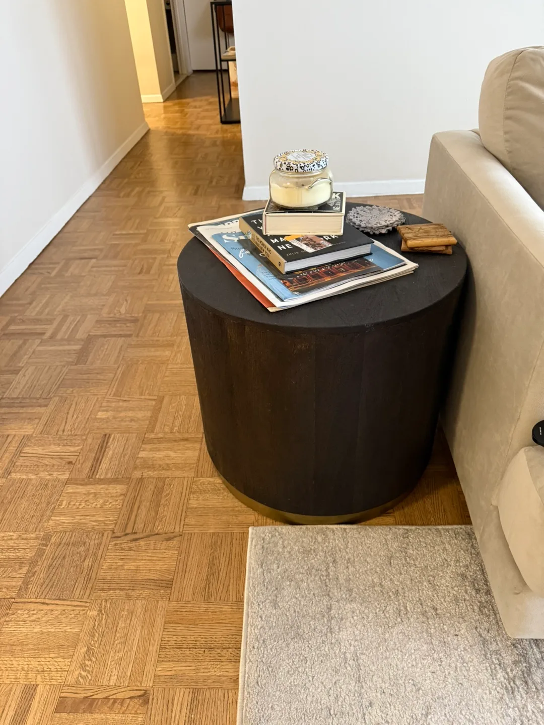 Dark Wood Barrel End Table with Gold Base thumbnail